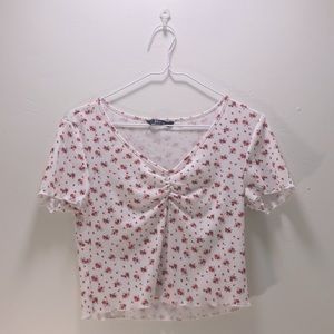 Floral V-Neck Lettuce Edge Trim Top